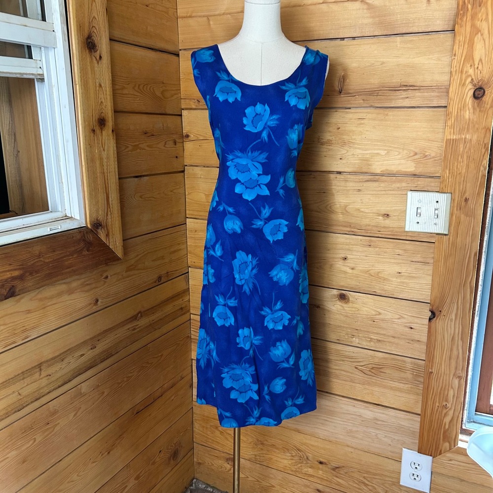 Vintage Floral Midi Dress Womens Size 14 Blue Turquoise 90s Whimsygoth Rose